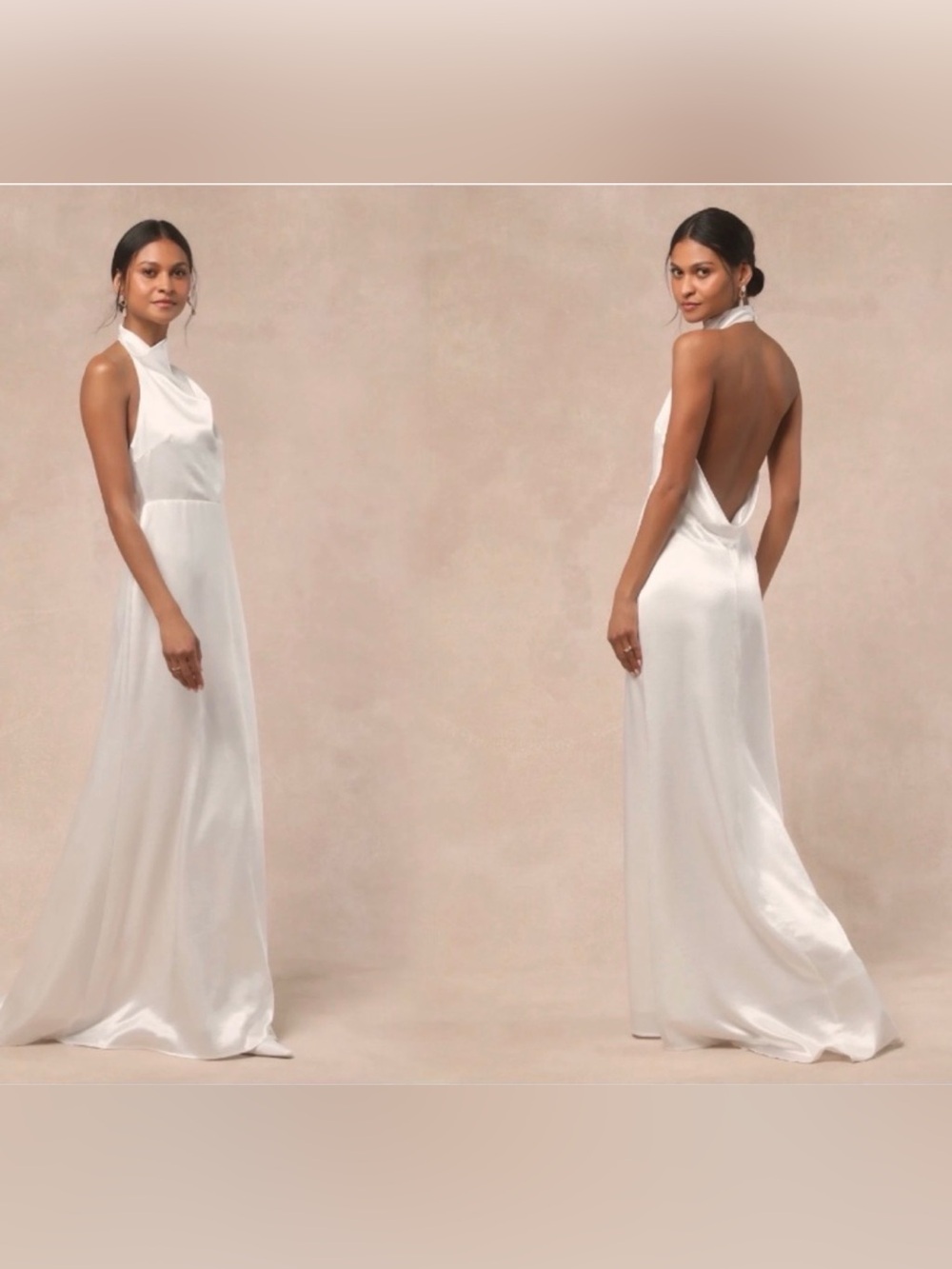 Open-Back White Satin Halter Evening Dress